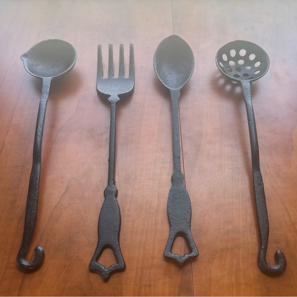 Vintage Rustic Cast Iron Ladle Fork Spoon Slotted Spoon Set of 4 Black 11”Taiwan